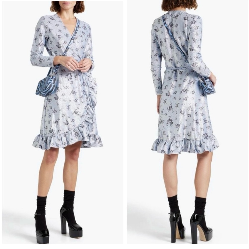 GANNI Lurex Jersey Wrap Dress Brunnera Blue Shimmer NEW Size 38 / US 6